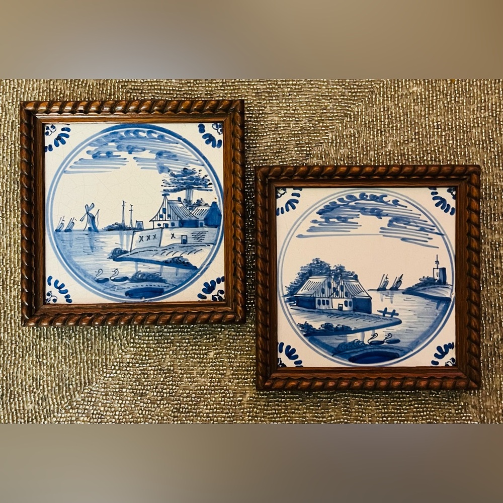 2 Antique Delft Blue Tiles Hand-painted Tin-glazed Earthenware in Wood Frames